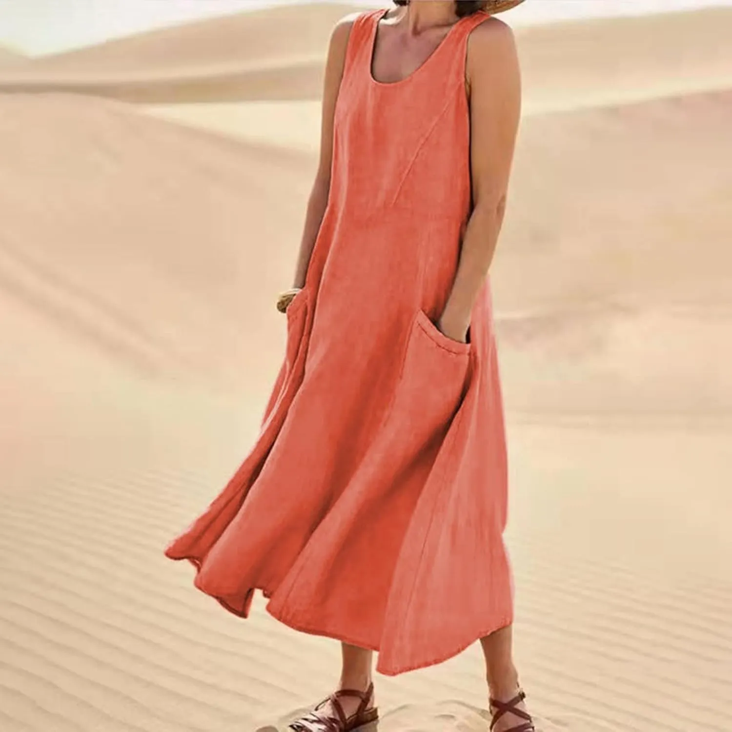 midelxp Summer Sundresses for Women Casual Loose Swing Beach Tank Dresses Sleeveless Solid Color Long Dresses with Pocket