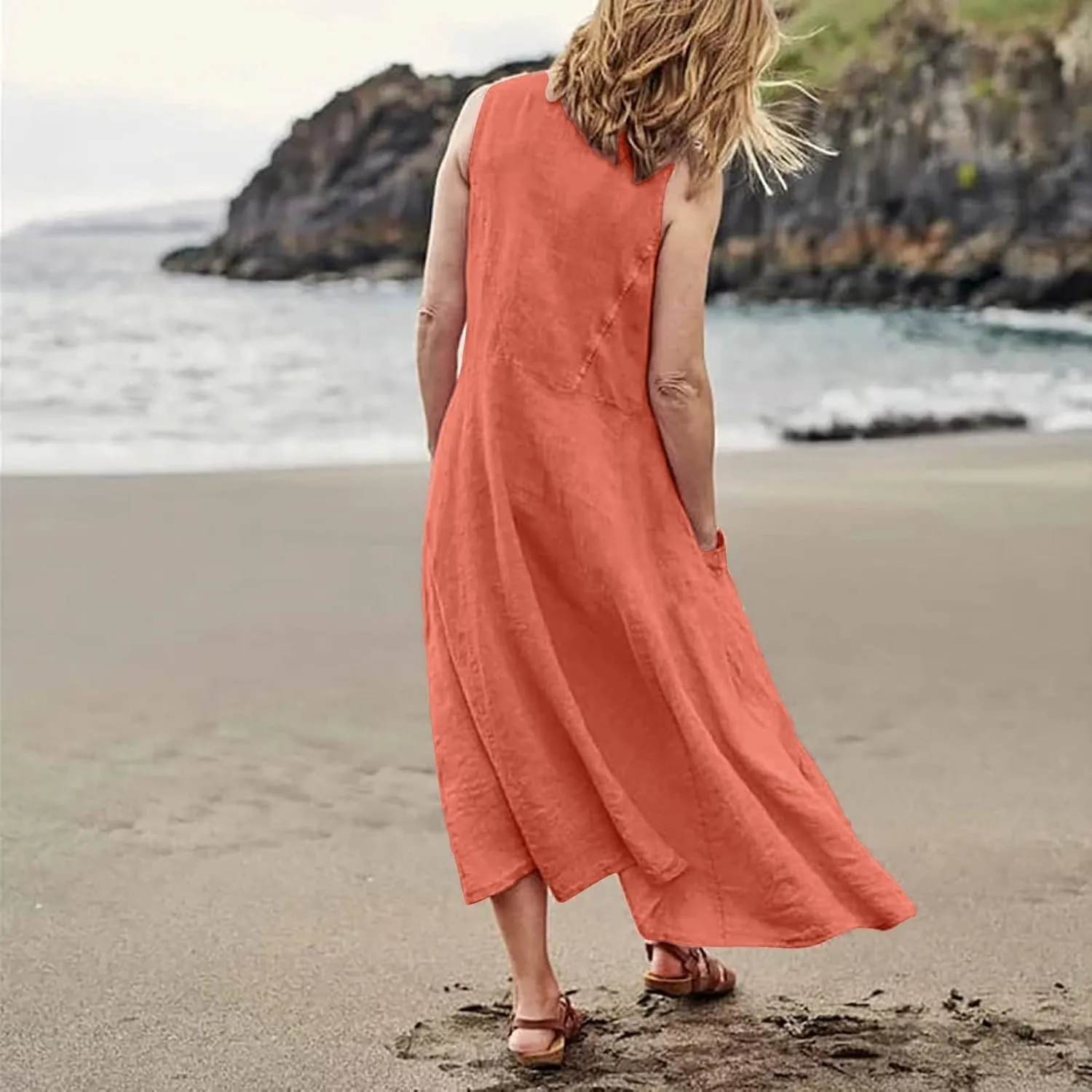 midelxp Summer Sundresses for Women Casual Loose Swing Beach Tank Dresses Sleeveless Solid Color Long Dresses with Pocket