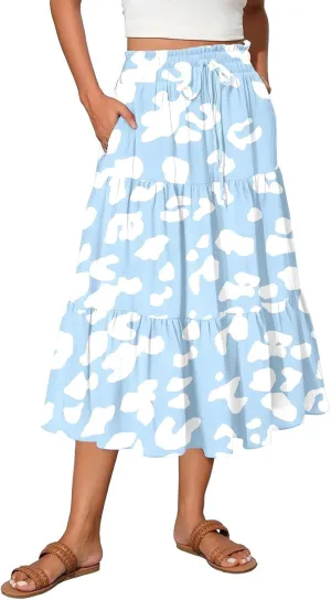 Midi Skirts for Women Casual Pleated A Line Summer Cute Skirts Smocked Floral Boho Flowy Long Skirt with Pockets