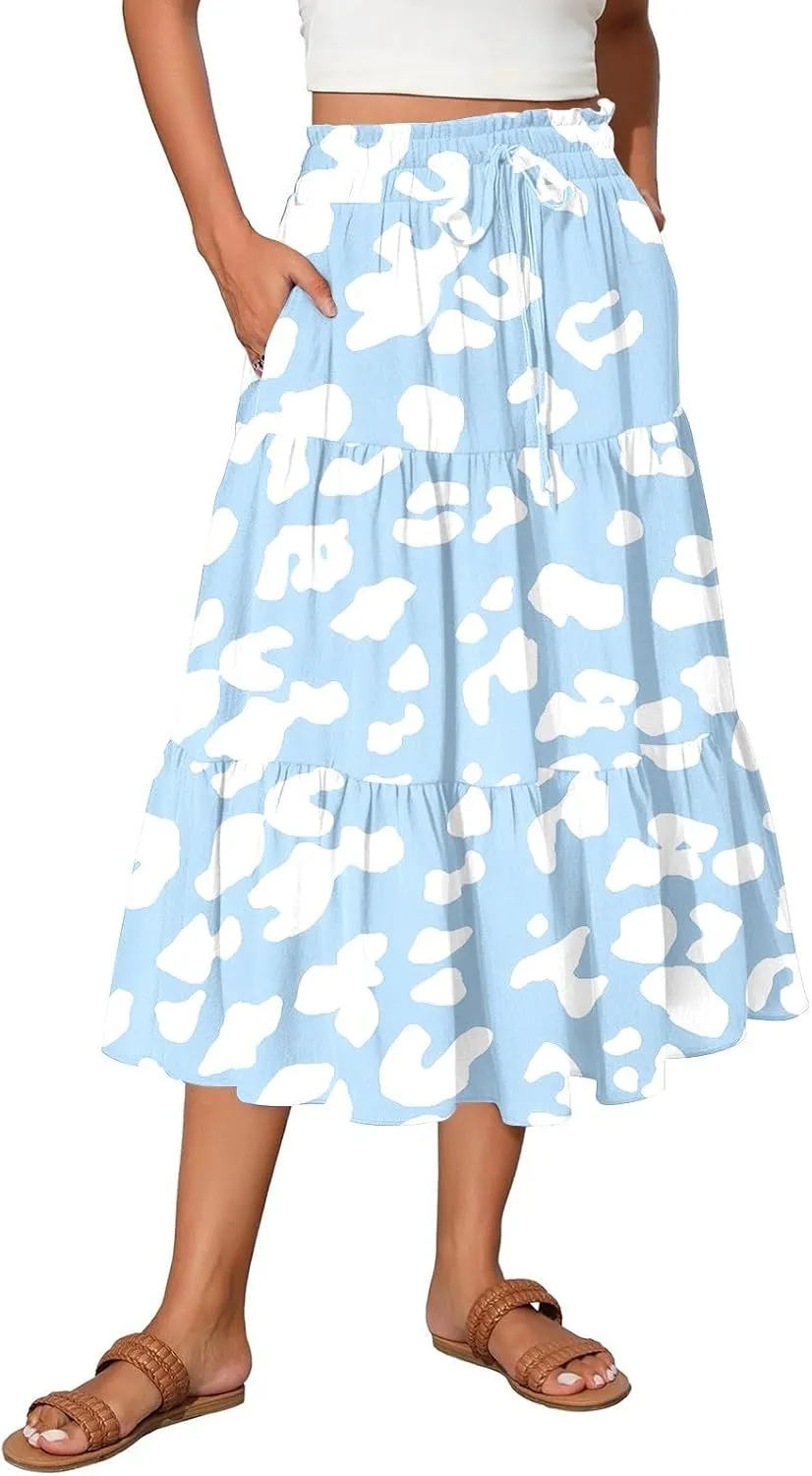 Midi Skirts for Women Casual Pleated A Line Summer Cute Skirts Smocked Floral Boho Flowy Long Skirt with Pockets