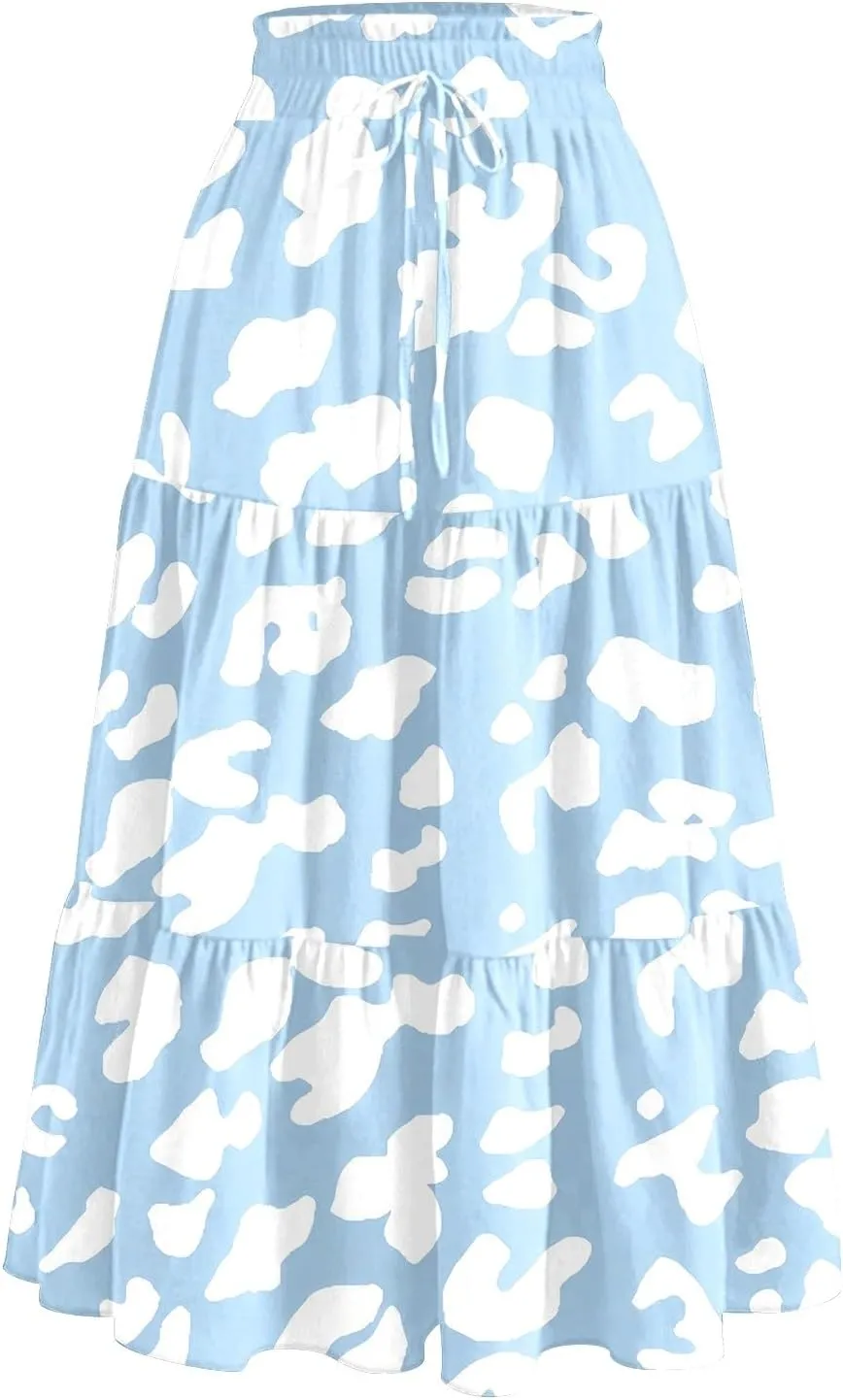 Midi Skirts for Women Casual Pleated A Line Summer Cute Skirts Smocked Floral Boho Flowy Long Skirt with Pockets
