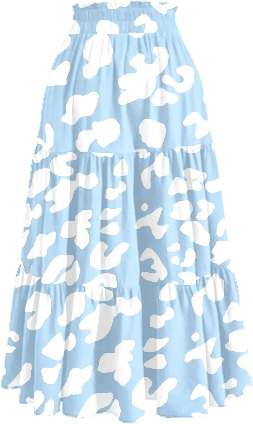 Midi Skirts for Women Casual Pleated A Line Summer Cute Skirts Smocked Floral Boho Flowy Long Skirt with Pockets