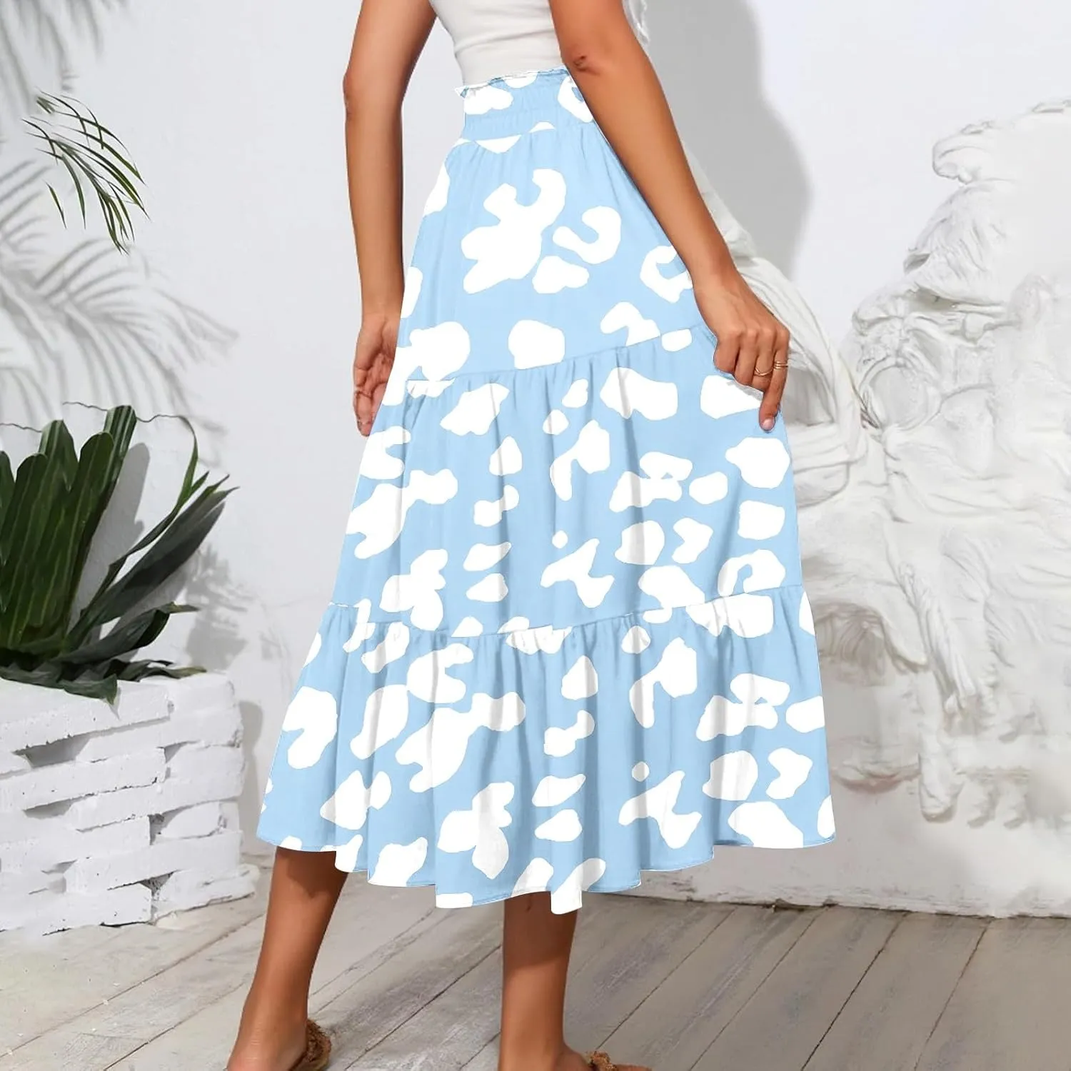 Midi Skirts for Women Casual Pleated A Line Summer Cute Skirts Smocked Floral Boho Flowy Long Skirt with Pockets
