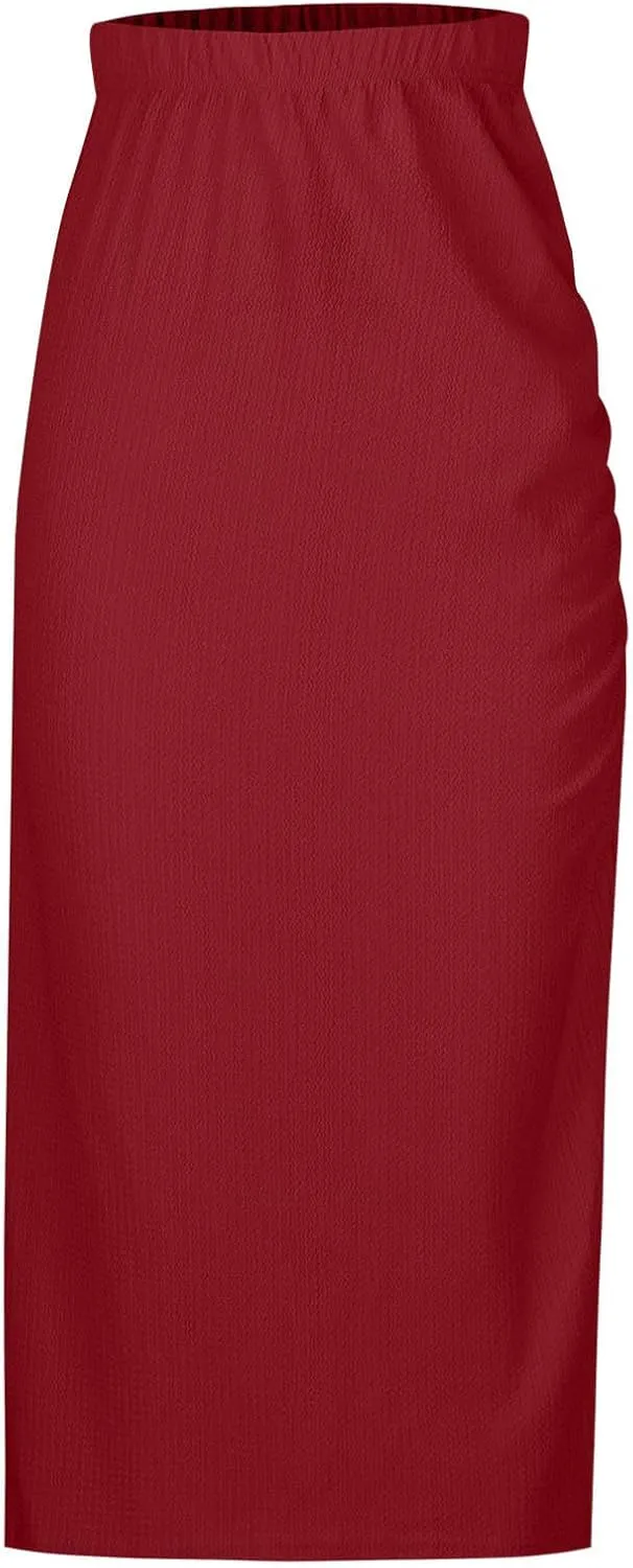Midi Skirts for Women High Waisted Pencil Skirt with Split Ruched Bodycon Skirts Elastic Maxi Skirt Casual Skirts