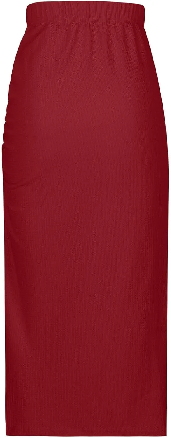 Midi Skirts for Women High Waisted Pencil Skirt with Split Ruched Bodycon Skirts Elastic Maxi Skirt Casual Skirts