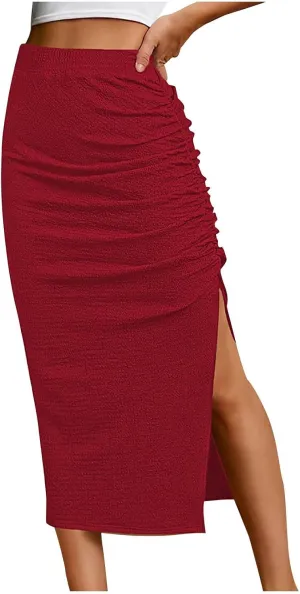 Midi Skirts for Women High Waisted Pencil Skirt with Split Ruched Bodycon Skirts Elastic Maxi Skirt Casual Skirts