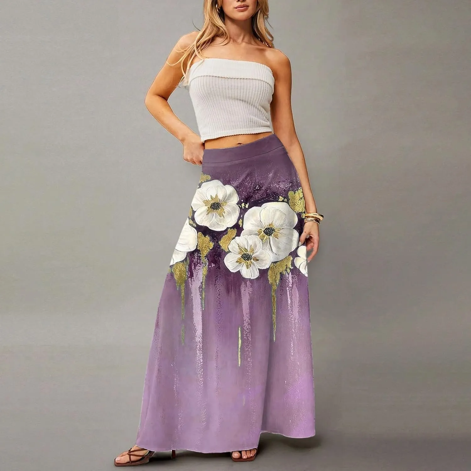 Midi Skirts for Women High Waisted Pleated A-Line Summer Swing Floral Long with Pockets
