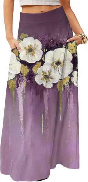 Midi Skirts for Women High Waisted Pleated A-Line Summer Swing Floral Long with Pockets