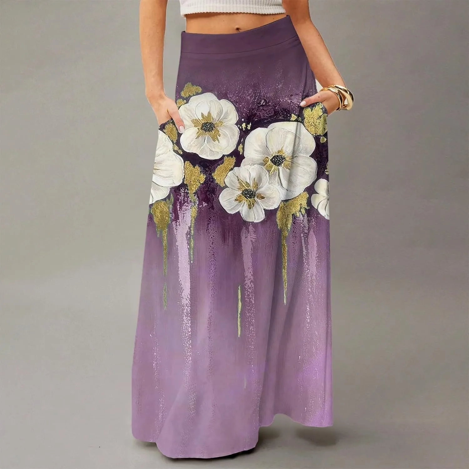 Midi Skirts for Women High Waisted Pleated A-Line Summer Swing Floral Long with Pockets