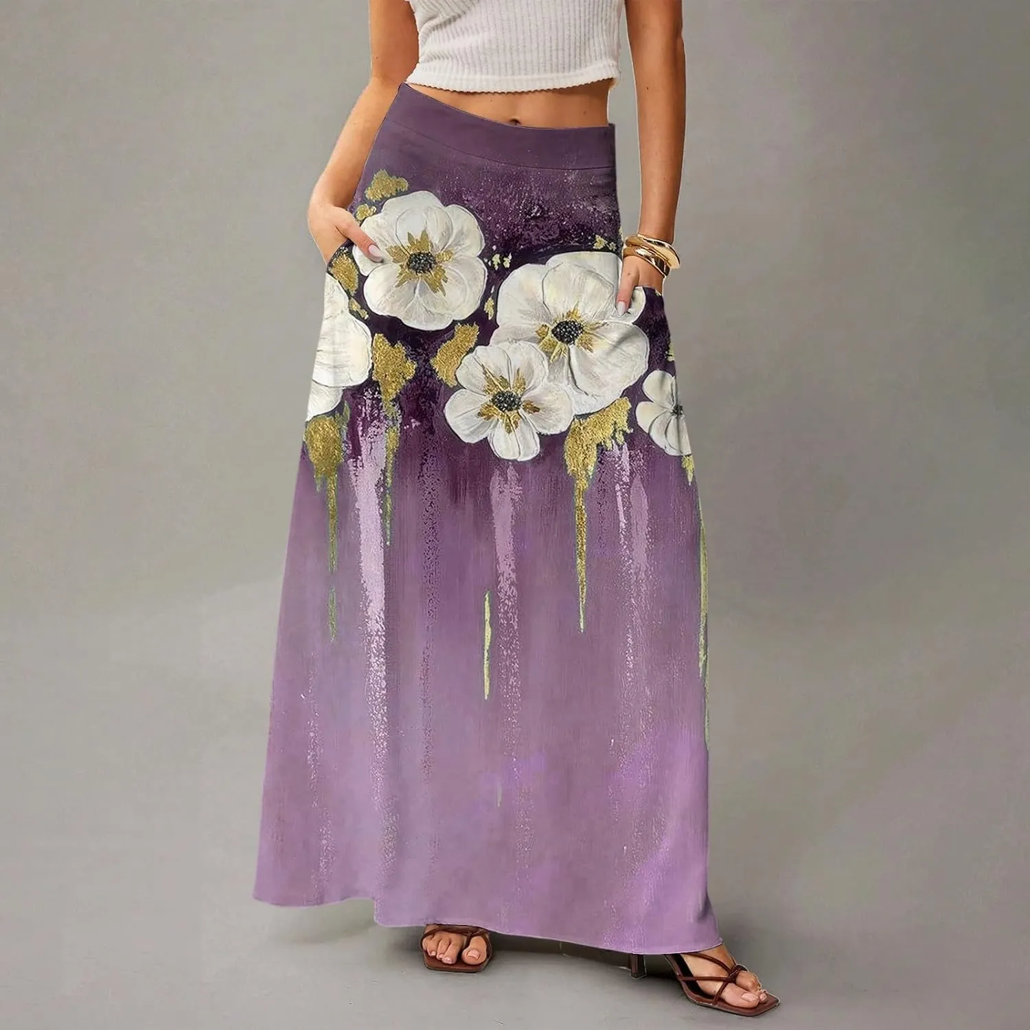 Midi Skirts for Women High Waisted Pleated A-Line Summer Swing Floral Long with Pockets