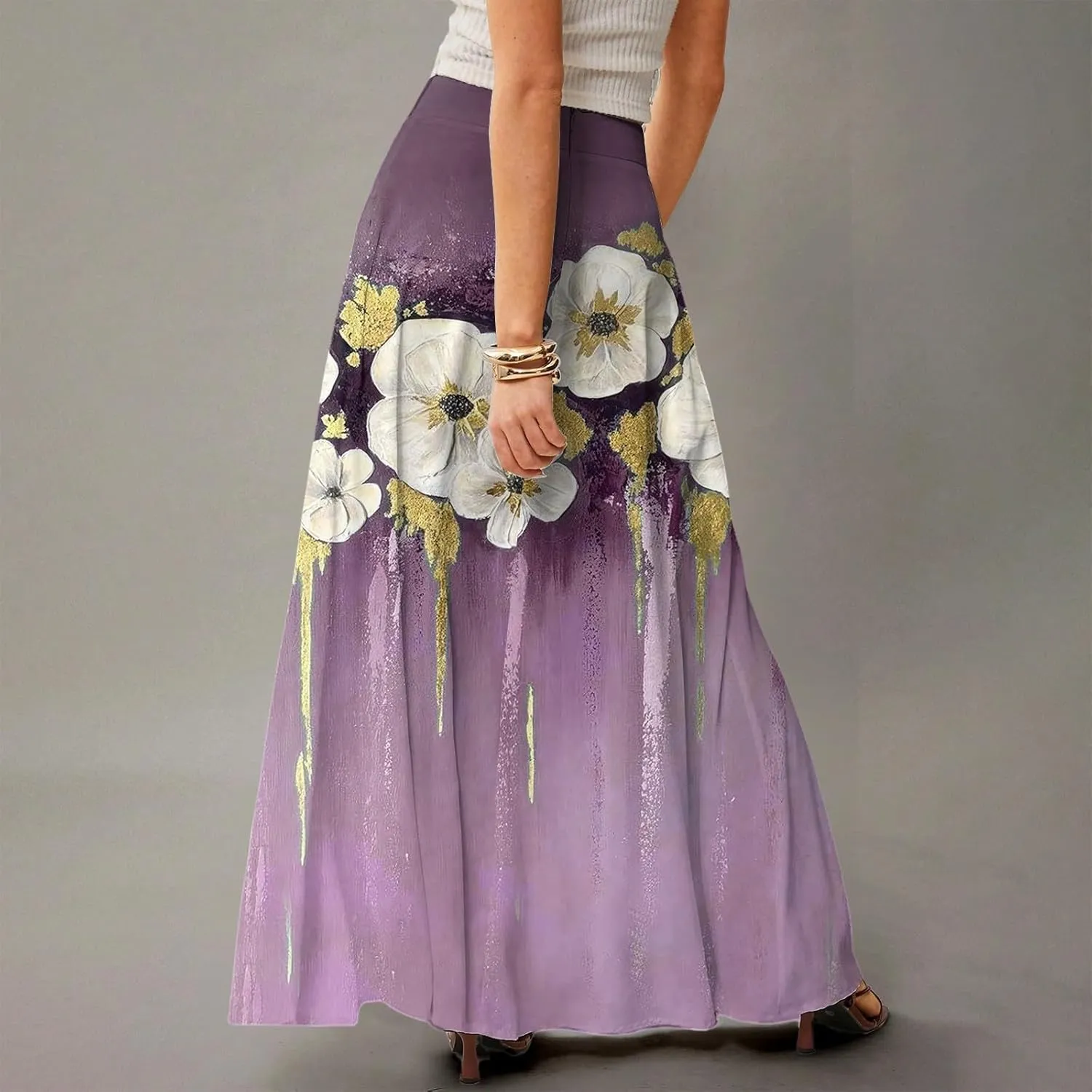 Midi Skirts for Women High Waisted Pleated A-Line Summer Swing Floral Long with Pockets