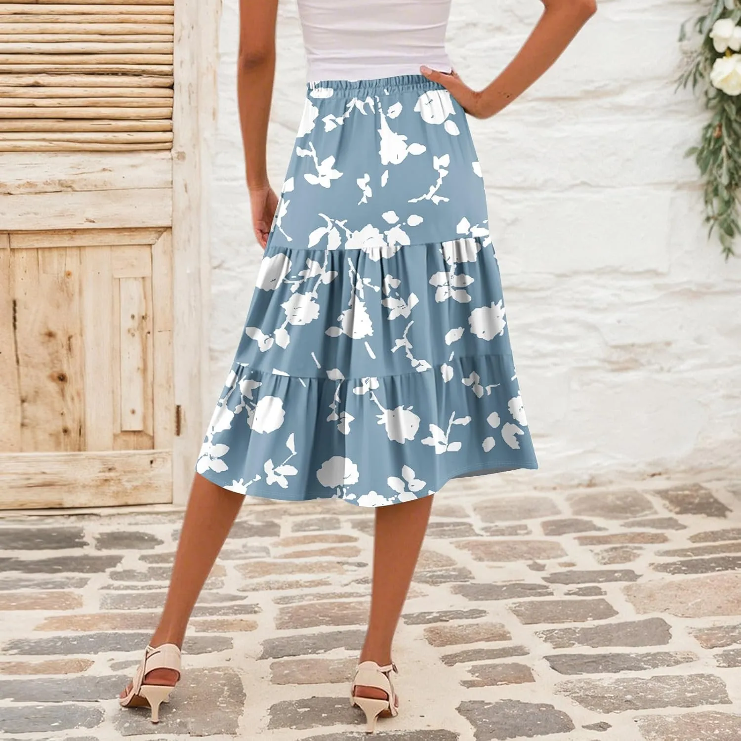 Midi Skirts for Women Summer Boho Floral Flowy High Elastic Waist Tiered Pleated A Line Skirt Beach Vacation Clothes