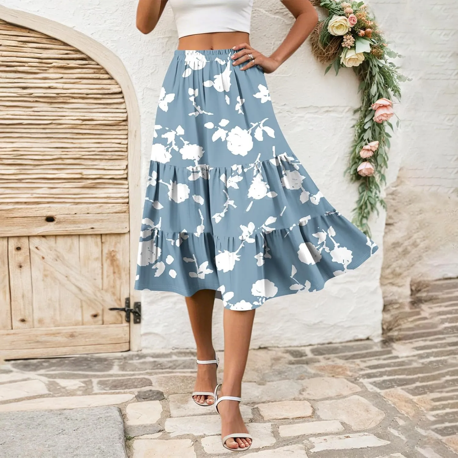 Midi Skirts for Women Summer Boho Floral Flowy High Elastic Waist Tiered Pleated A Line Skirt Beach Vacation Clothes