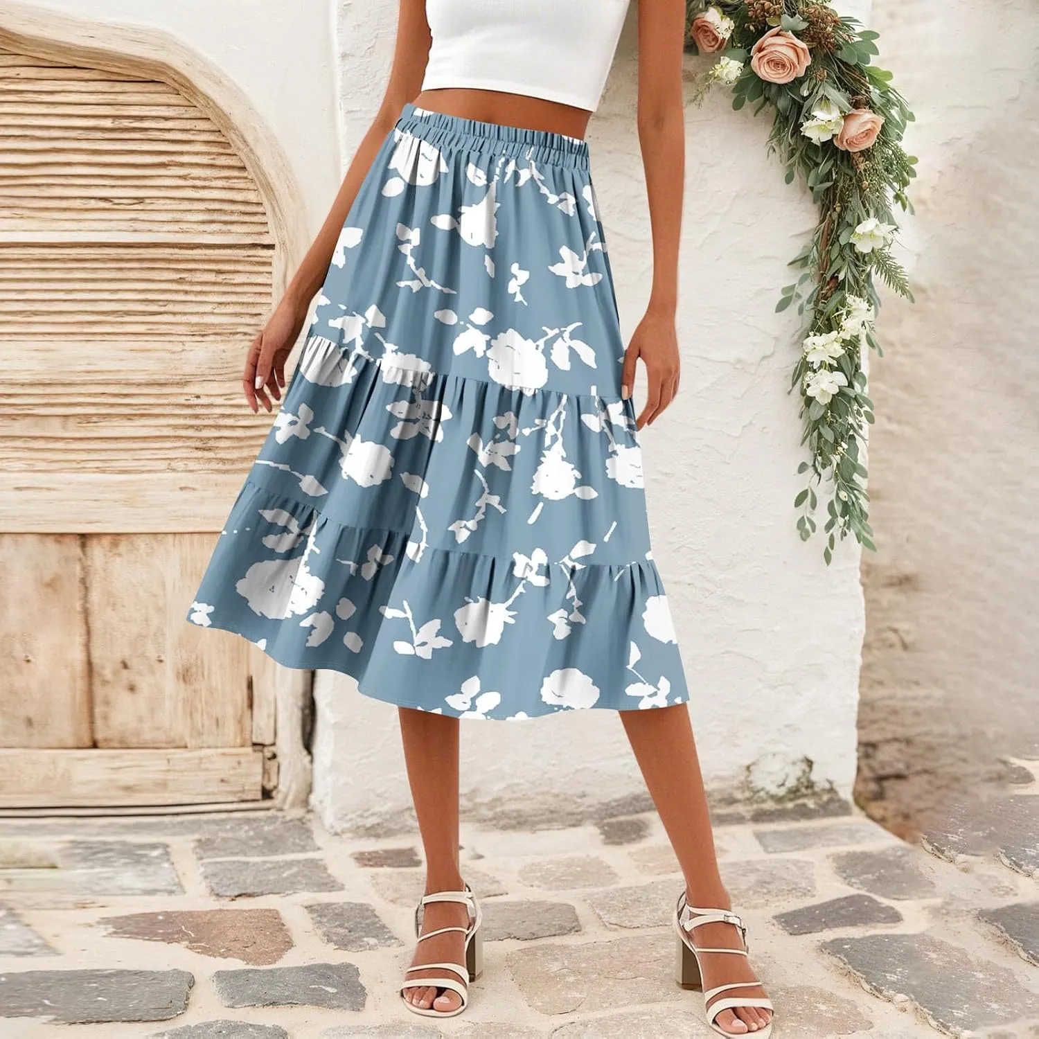 Midi Skirts for Women Summer Boho Floral Flowy High Elastic Waist Tiered Pleated A Line Skirt Beach Vacation Clothes