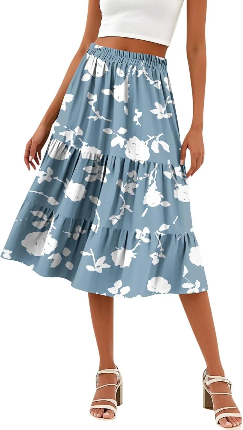 Midi Skirts for Women Summer Boho Floral Flowy High Elastic Waist Tiered Pleated A Line Skirt Beach Vacation Clothes