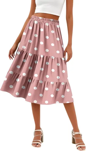 Midi Skirts for Women Summer High Elastic Waist Tiered Pleated Boho Floral Flowy A Line Skirt Beach Vacation Clothes