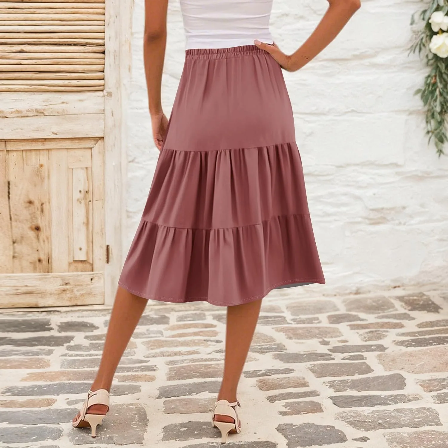 Midi Skirts for Women Summer High Elastic Waist Tiered Pleated Boho Floral Flowy A Line Skirt Beach Vacation Clothes