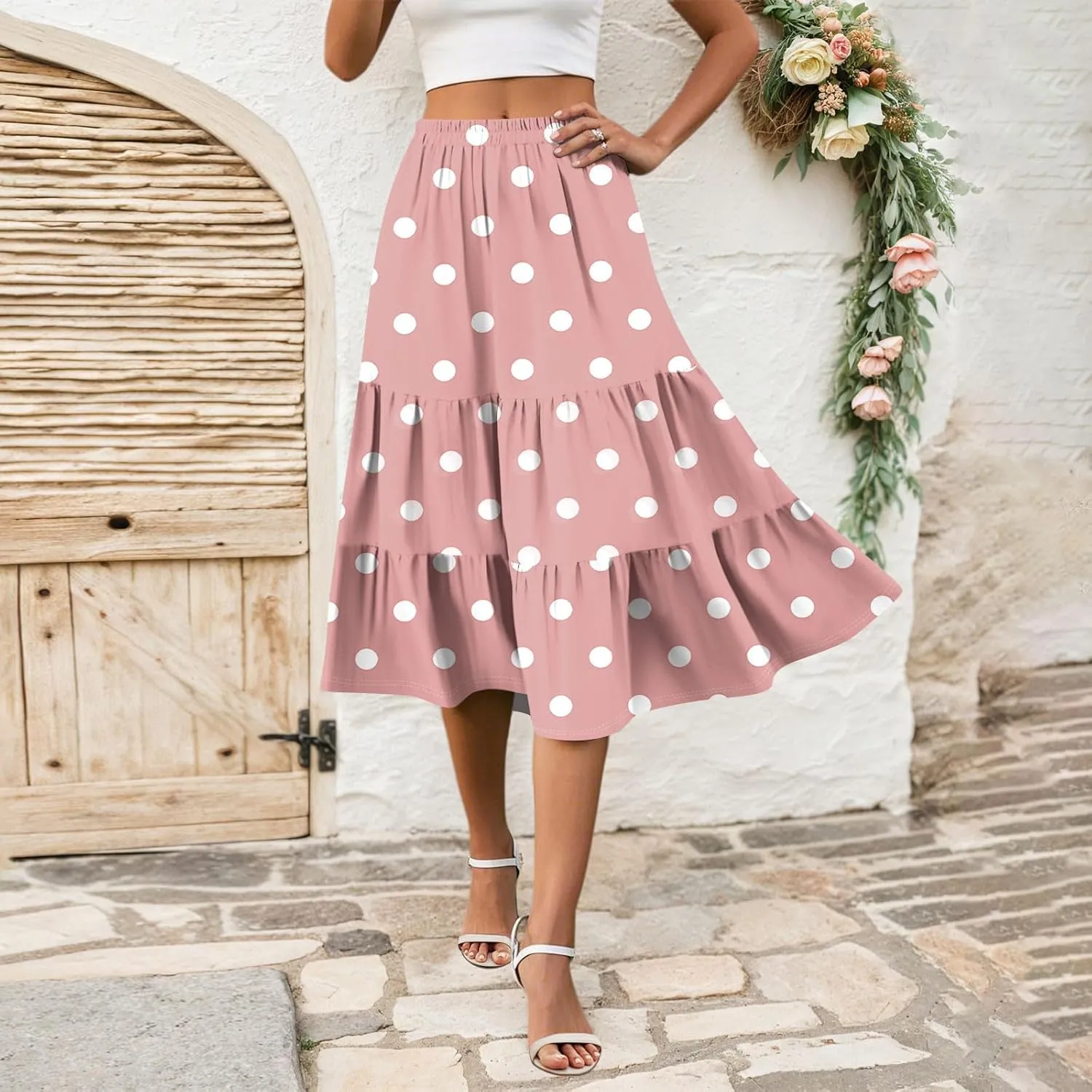 Midi Skirts for Women Summer High Elastic Waist Tiered Pleated Boho Floral Flowy A Line Skirt Beach Vacation Clothes