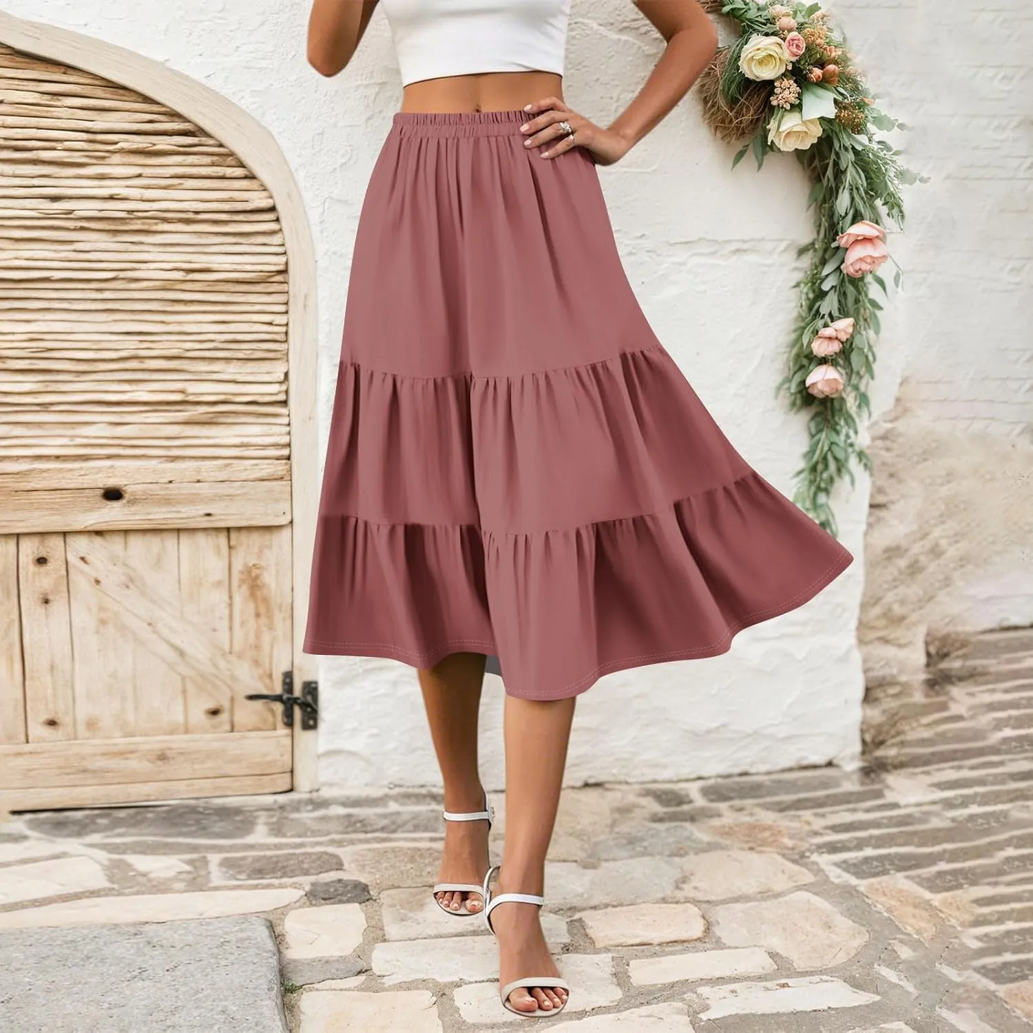 Midi Skirts for Women Summer High Elastic Waist Tiered Pleated Boho Floral Flowy A Line Skirt Beach Vacation Clothes