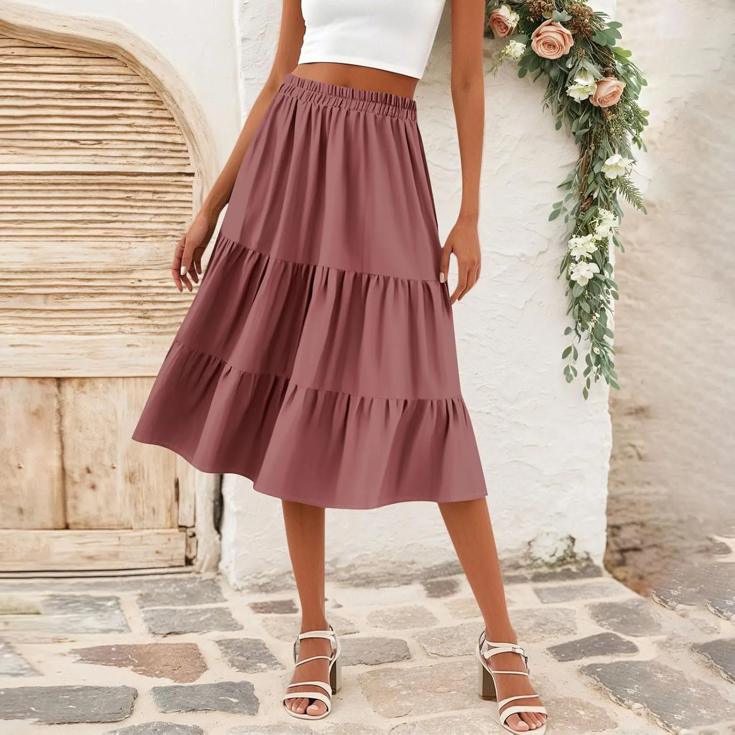 Midi Skirts for Women Summer High Elastic Waist Tiered Pleated Boho Floral Flowy A Line Skirt Beach Vacation Clothes