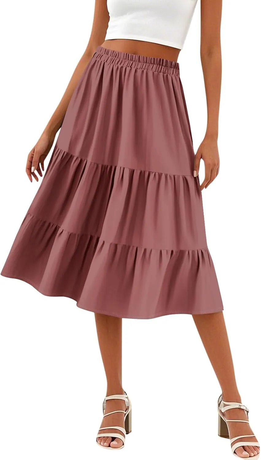 Midi Skirts for Women Summer High Elastic Waist Tiered Pleated Boho Floral Flowy A Line Skirt Beach Vacation Clothes