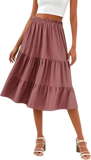 Midi Skirts for Women Summer High Elastic Waist Tiered Pleated Boho Floral Flowy A Line Skirt Beach Vacation Clothes