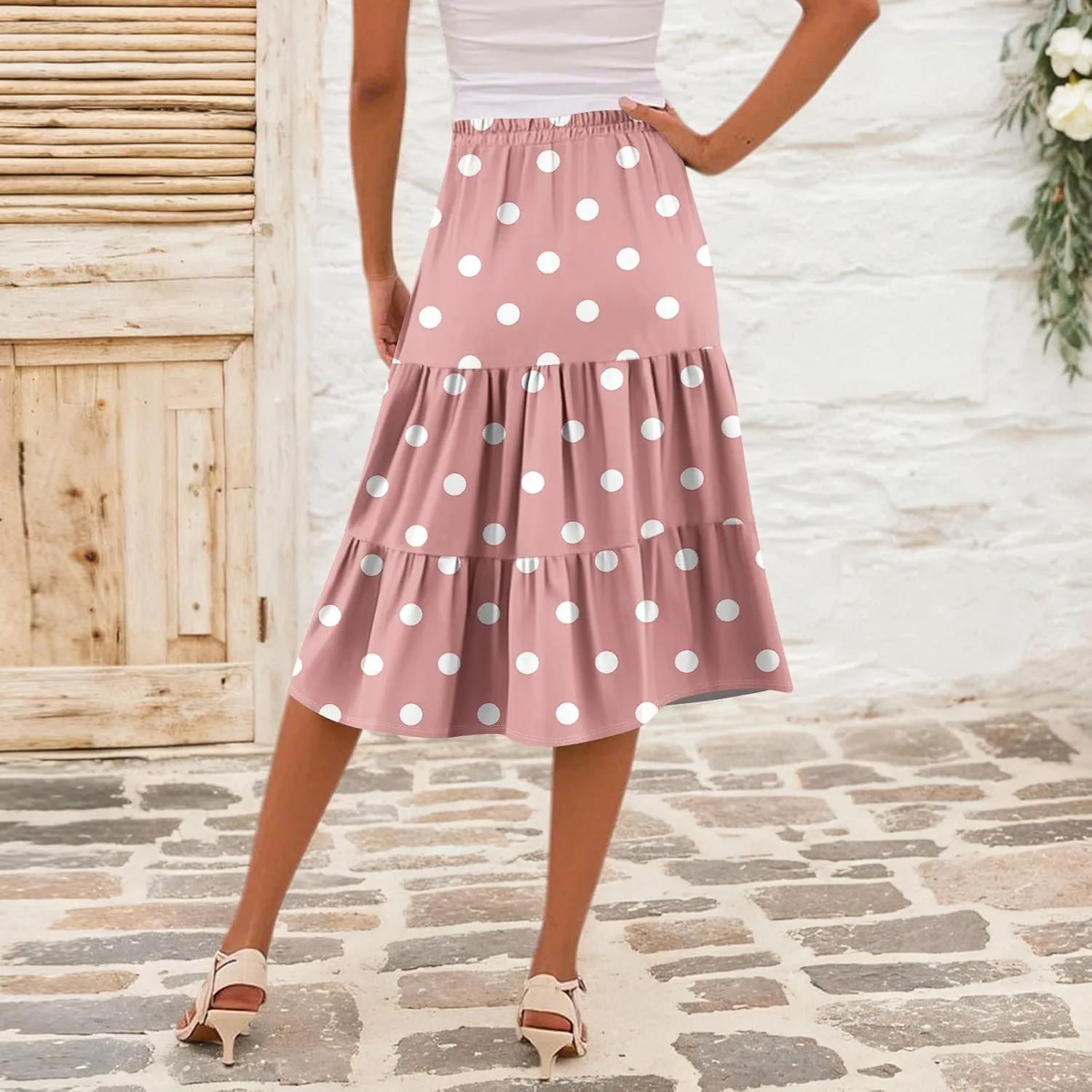 Midi Skirts for Women Summer High Elastic Waist Tiered Pleated Boho Floral Flowy A Line Skirt Beach Vacation Clothes