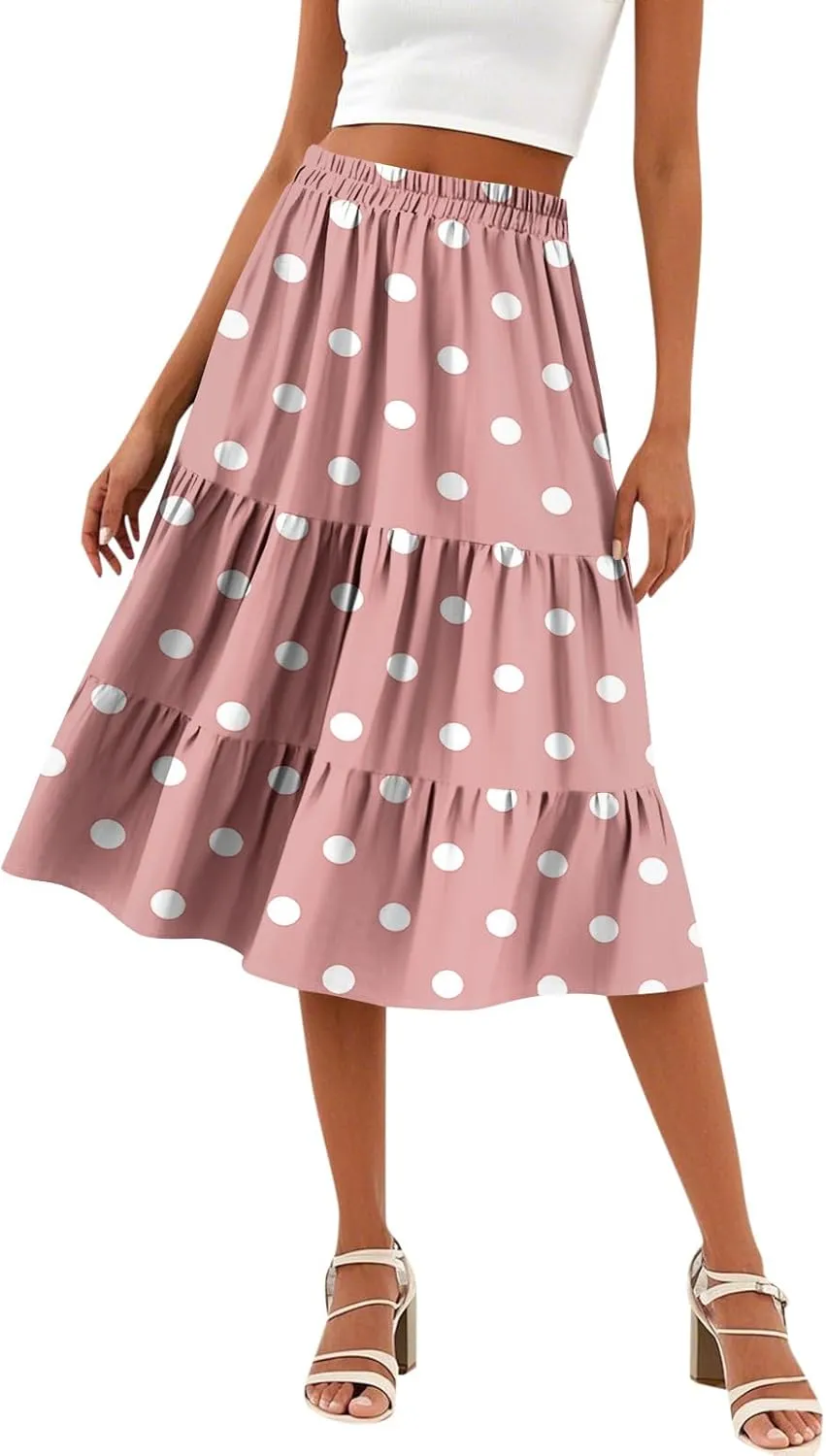 Midi Skirts for Women Summer High Elastic Waist Tiered Pleated Boho Floral Flowy A Line Skirt Beach Vacation Clothes