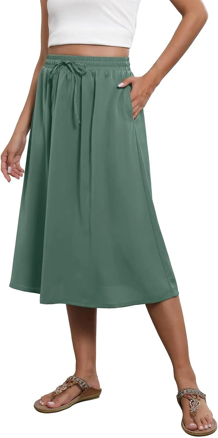 Midi Skirts for Women Trendy Summer Floral A Line Skirts Elastic High Waisted Boho Beach Swing Flowy Skirt w/Pockets