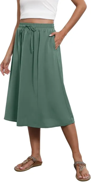Midi Skirts for Women Trendy Summer Floral A Line Skirts Elastic High Waisted Boho Beach Swing Flowy Skirt w/Pockets