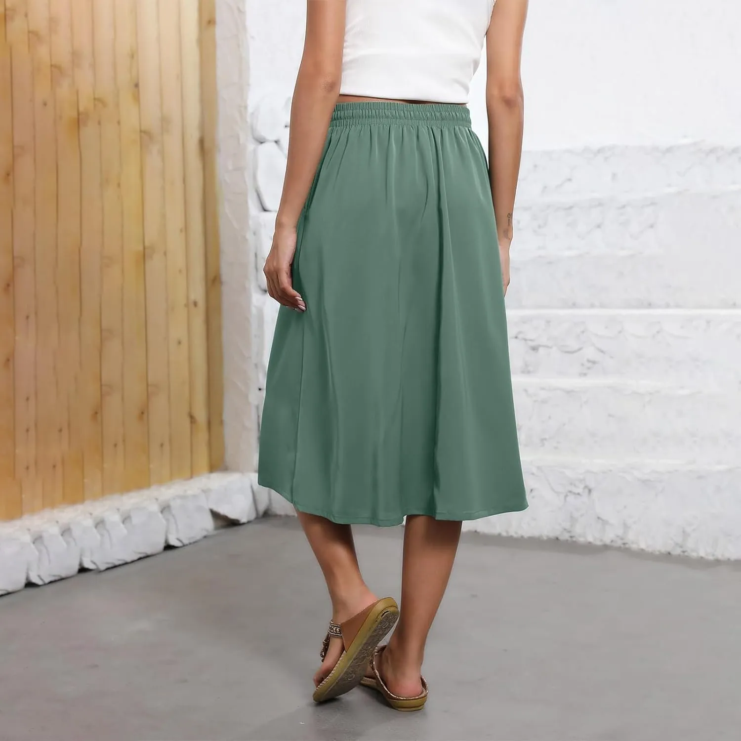 Midi Skirts for Women Trendy Summer Floral A Line Skirts Elastic High Waisted Boho Beach Swing Flowy Skirt w/Pockets