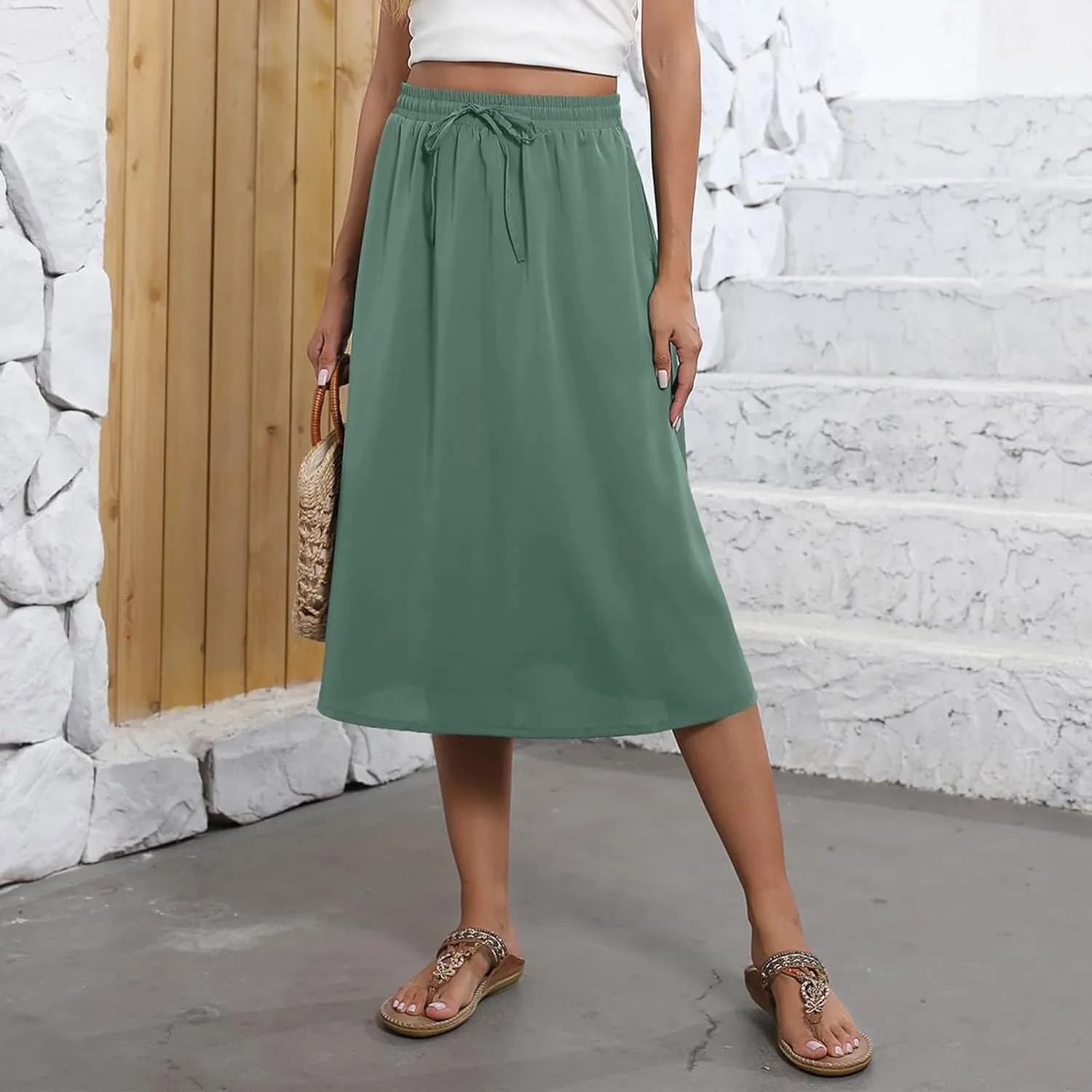 Midi Skirts for Women Trendy Summer Floral A Line Skirts Elastic High Waisted Boho Beach Swing Flowy Skirt w/Pockets