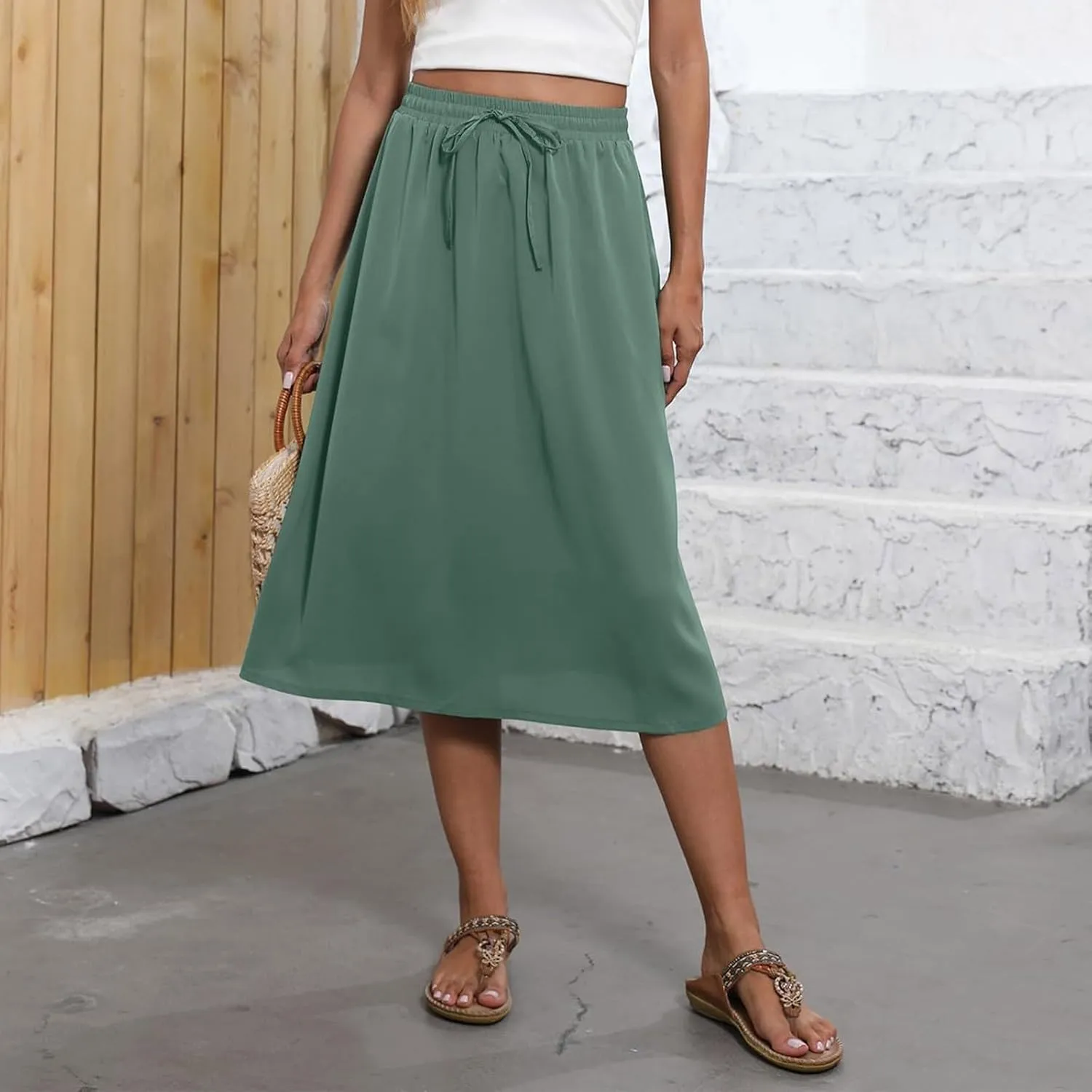Midi Skirts for Women Trendy Summer Floral A Line Skirts Elastic High Waisted Boho Beach Swing Flowy Skirt w/Pockets