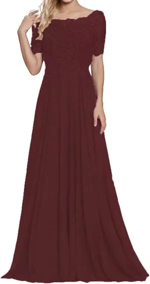 Mother of The Bride Dress 1/2 Sleeves Lace Appliques Long Chiffon Prom Dresses for Women's Formal Wedding Party Growns