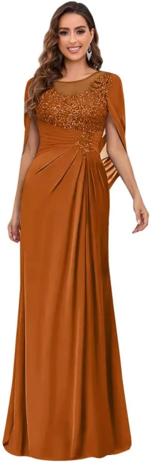 Mother of The Bride Dresses for Wedding Scoop Neck Fitted Beautiful Lace Chiffon Formal Dress with Shawl