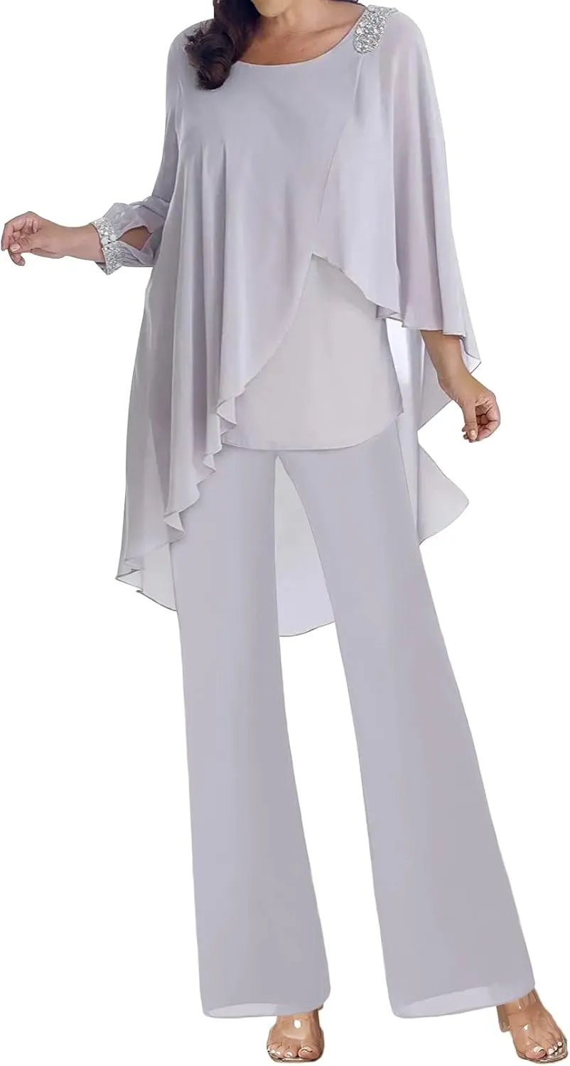 Mother of The Bride Dresses Pant Suits Chiffon Evening Formal Dress Beaded 3/4 Sleeve Cloak Wedding Guest Groom Women's