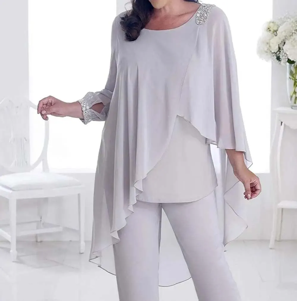 Mother of The Bride Dresses Pant Suits Chiffon Evening Formal Dress Beaded 3/4 Sleeve Cloak Wedding Guest Groom Women's