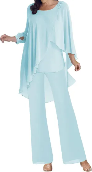 Mother of The Bride Dresses Pant Suits Chiffon Evening Formal Dress Beaded 3/4 Sleeve Cloak Wedding Guest Groom Women's