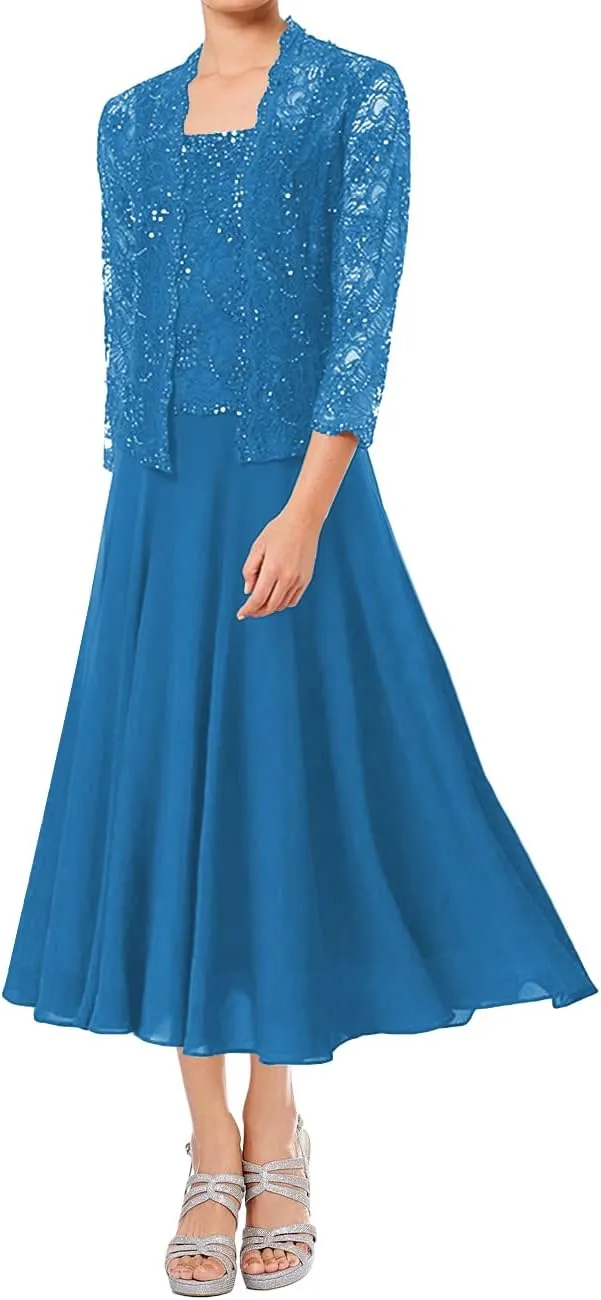 Mother of The Bride Dresses Tea Length Grandmother of The Bride Dress Beaded Wedding Guest Groom Dress Lace Jacket