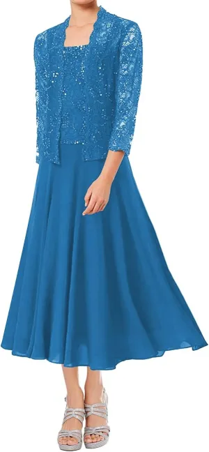Mother of The Bride Dresses Tea Length Grandmother of The Bride Dress Beaded Wedding Guest Groom Dress Lace Jacket