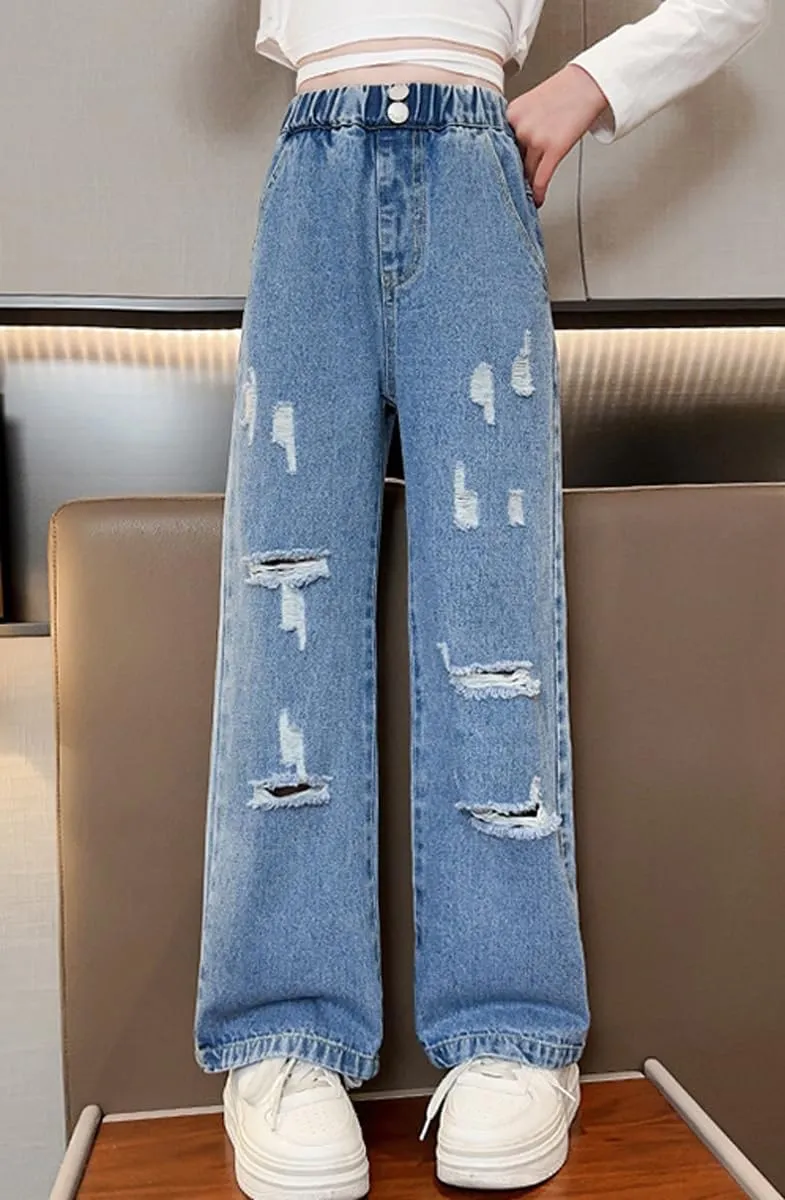 NABER Kids Girls Elastic Waist Cool Ripped Jeans Washed Denim Wide Leg Ripped Denim Jean Age 5-15 Years
