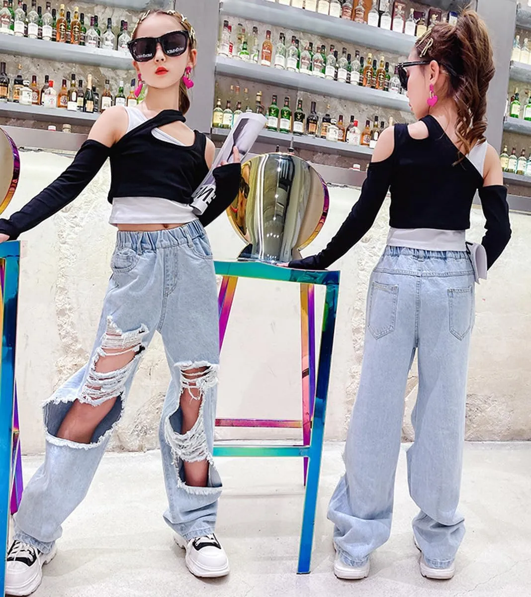 NABER Kids Girls Elastic Waist Cool Ripped Jeans Washed Denim Wide Leg Ripped Denim Jean Age 5-15 Years