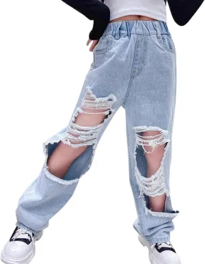 NABER Kids Girls Elastic Waist Cool Ripped Jeans Washed Denim Wide Leg Ripped Denim Jean Age 5-15 Years