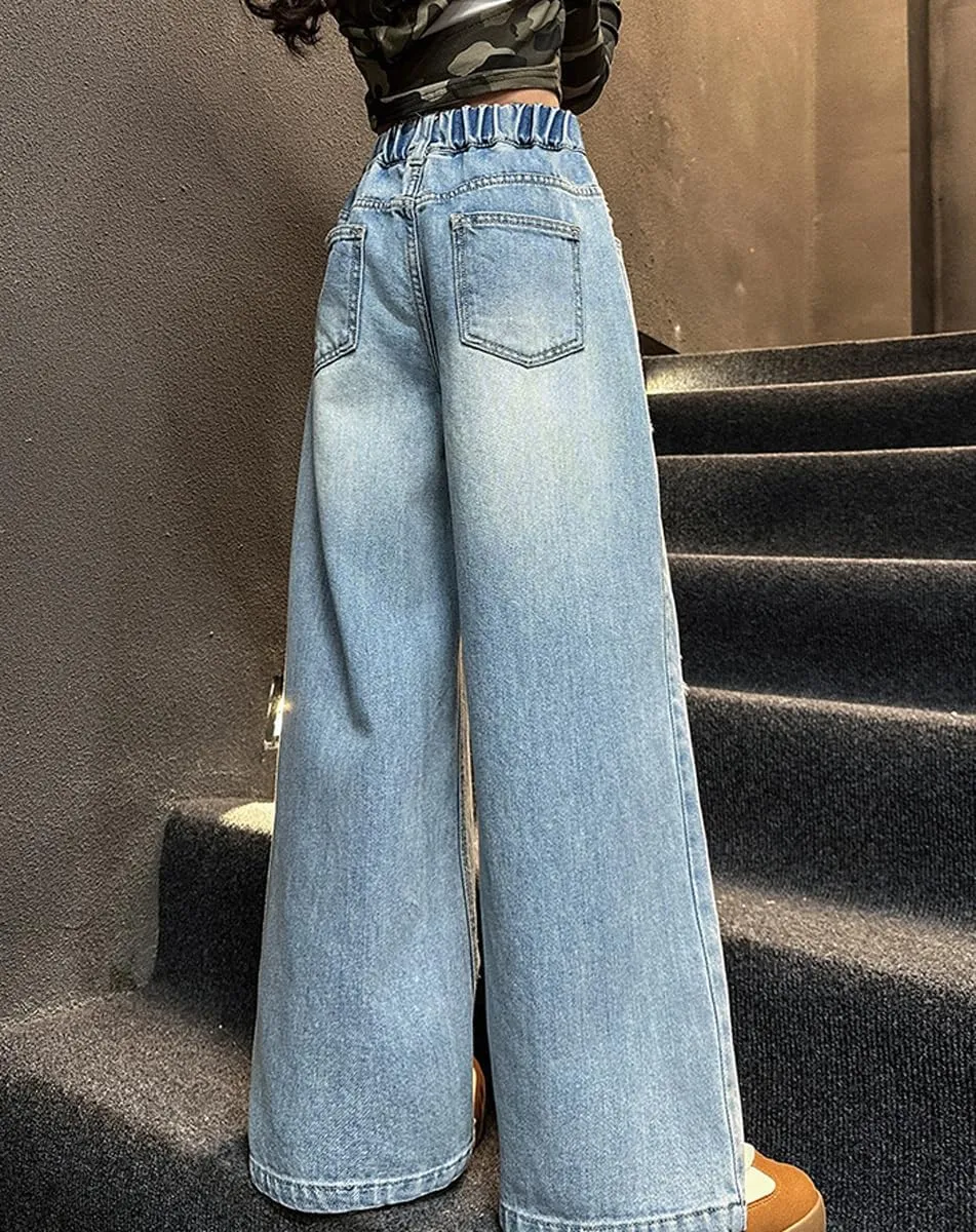NABER Kids Girls Elastic Waist Cool Ripped Jeans Washed Denim Wide Leg Ripped Denim Jean Age 5-15 Years