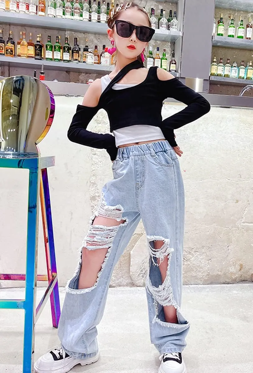 NABER Kids Girls Elastic Waist Cool Ripped Jeans Washed Denim Wide Leg Ripped Denim Jean Age 5-15 Years
