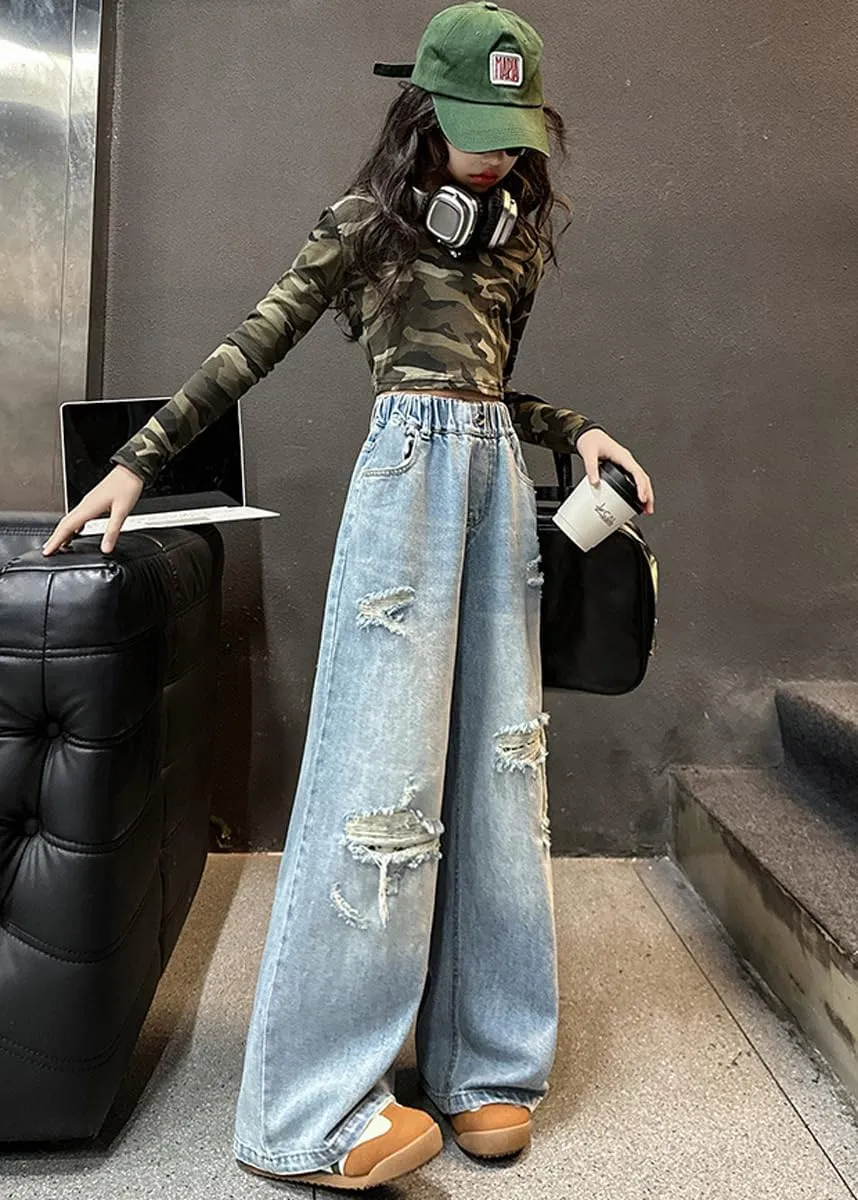 NABER Kids Girls Elastic Waist Cool Ripped Jeans Washed Denim Wide Leg Ripped Denim Jean Age 5-15 Years