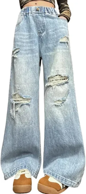 NABER Kids Girls Elastic Waist Cool Ripped Jeans Washed Denim Wide Leg Ripped Denim Jean Age 5-15 Years