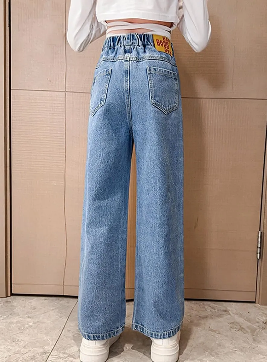 NABER Kids Girls Elastic Waist Cool Ripped Jeans Washed Denim Wide Leg Ripped Denim Jean Age 5-15 Years