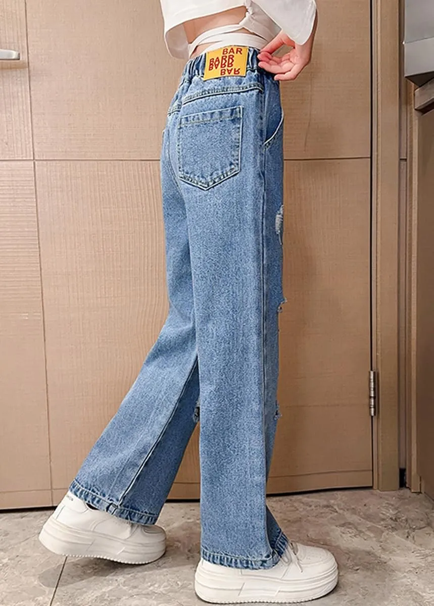 NABER Kids Girls Elastic Waist Cool Ripped Jeans Washed Denim Wide Leg Ripped Denim Jean Age 5-15 Years