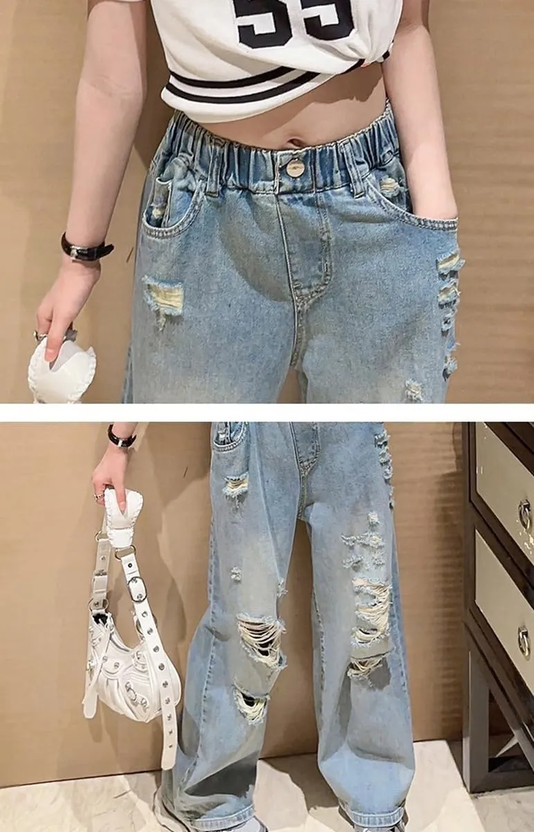 NABER Kids Girls Elastic Waist Cool Ripped Jeans Washed Denim Wide Leg Ripped Denim Jean Age 5-15 Years